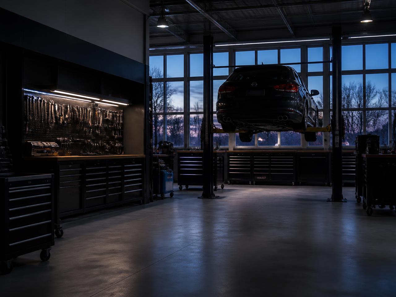 Atelier de réparation automobile IMMCAR avec un véhicule sur pont élévateur